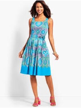 Talbots Blue & Green Paisley Sleeveless Tie-Waist Dress